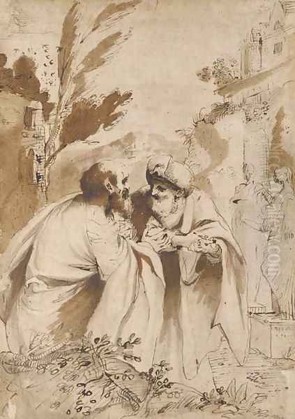 The two Elders conversing, Susannah in the background entering the bath - view 1