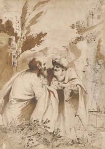 The two Elders conversing, Susannah in the background entering the bath by Pietro Faccini