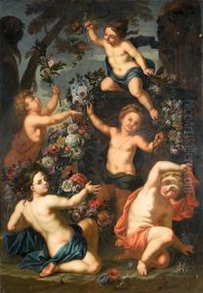 Putti Amid Garlands Of Flowers Beside A Stoneurn - view 1
