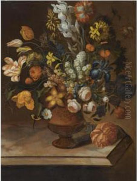 A Still Life Of Peonies, Roses, 
Parrot Tulips, Daffodils, A Sun Flower, Fuchsia's And Other Flowers In A
 Sculpted Vase, On A Stone Table - view 1
