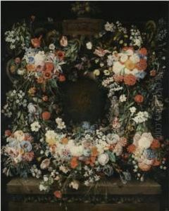 A Garland Of Flowers Decorating An Ornamental Carved Stonestructure by Caspar Pieter I Verbrugghen