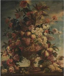 A Bouquet Of Flowers And Fruit On A Stone Ledge by Caspar Pieter I Verbrugghen