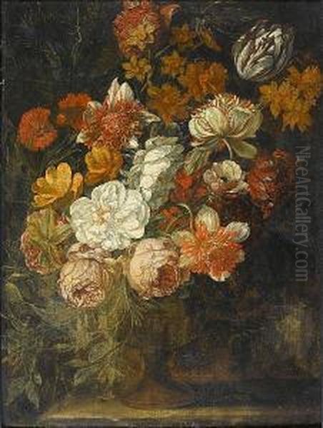 Roses, Chrysanthemums, Thistles, Narcissi And Other Flowers In A Stone Vase On A Ledge - view 1