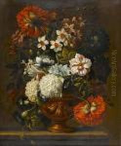 Chrysanthemums, Narcissi,
Snowballs, Morning Glory And Other Flowers In A Bronze Urn On A Stone
Ledge by Caspar Pieter I Verbrugghen