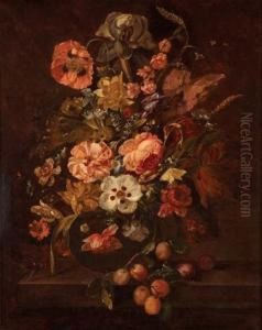 Still Life Withroses, Tulips, Irises And Other Flowers With Grapes And Insects Ona Ledge by Caspar Pieter I Verbrugghen