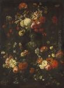 A Garland Of Flowers Surrounding A Classical Bust by Caspar Pieter I Verbrugghen