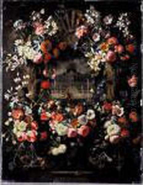 Still Life Of Garlands Of
Flowers Adorning A Carved Stone Window, A Palace Garden With David And
Bathsheba Beyond - view 1