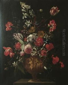 A Still Life Of Flowers In An Urn With A Relief Of Pan And Syrinx