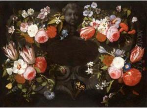Bouquets Of Mixed Flowers Decorating A Feigned Stone Cartouche, With Butterflies by Caspar Pieter I Verbrugghen