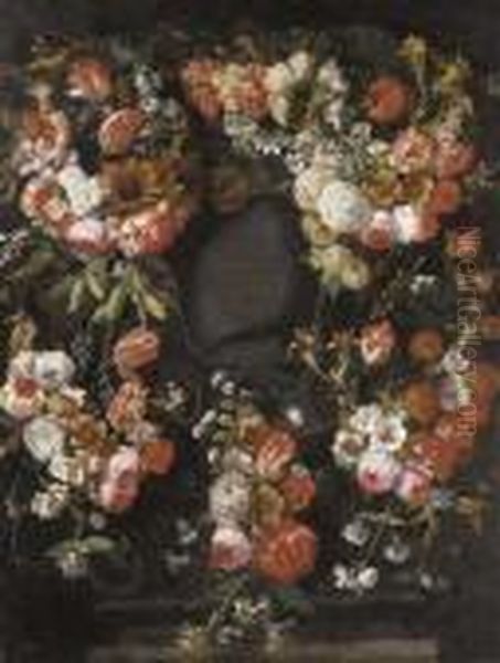 A Garland Of Roses, Tulips,
Carnations, Narcissi, Grapes And Other Flowers Surrounding A Stone
Cartouche - view 1