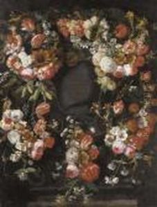 A Garland Of Roses, Tulips,
Carnations, Narcissi, Grapes And Other Flowers Surrounding A Stone
Cartouche by Caspar Pieter I Verbrugghen