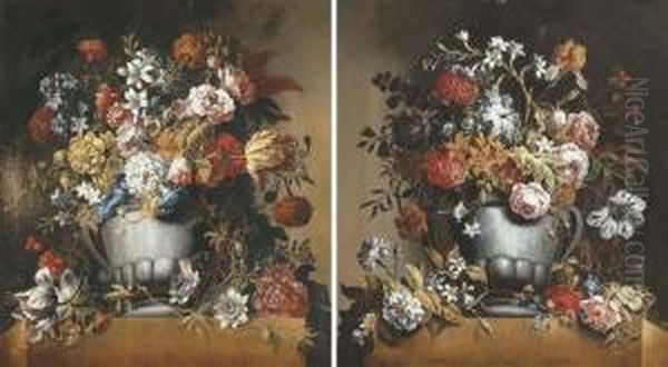 Lilies, Passiflora, Jasmine, 
Morning Glory And Other Flowers In An Urn On A Stone Ledge; And Roses, 
Tulips, Jasmine, An Iris And Other Flowers In An Urn On A Stone Ledge - view 1