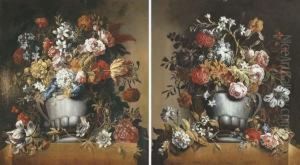 Lilies, Passiflora, Jasmine, 
Morning Glory And Other Flowers In An Urn On A Stone Ledge; And Roses, 
Tulips, Jasmine, An Iris And Other Flowers In An Urn On A Stone Ledge