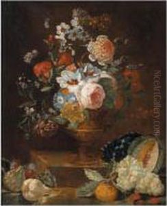 Still Life Of Flowers In A Gilt Vase, Upon A Stone Plinth, Together With Fruit
