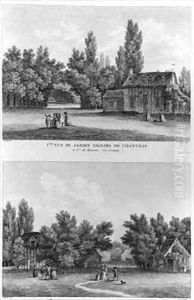 Two views of the English landscaped garden with the hamlet at Chantilly by Filleuil