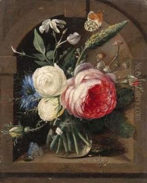 Roses, A Cornflower And 
Wildflowers In A Vase With Two Butterfliesin A Niche; And Roses, 
Bluebells And Other Flowers In A Vase With Abutterfly And Other Insects 
In A Niche - view 1