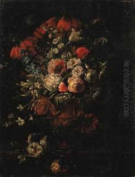 Roses, Tulips, Hyacinths And Other Flowers In A Terracotta Vase Ona Ledge - view 1