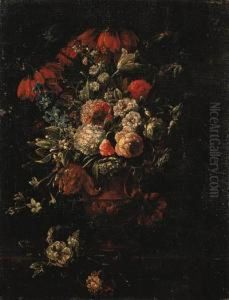 Roses, Tulips, Hyacinths And Other Flowers In A Terracotta Vase Ona Ledge by Caspar Pieter I Verbrugghen