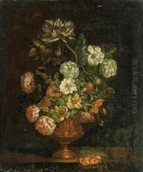 Roses, Chrysanthemums, And Other Flowers In A Sculpted Copper Urn,on A Stone Ledge - view 1