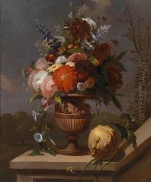 Umkreis Ein Blumen- Und Obststillleben In Einer Metallvase Auf Einer Steinbrustung - view 1