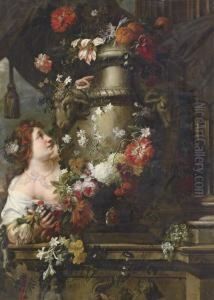 A Lady Adorning A Sculpted Urn 
With Roses, Lilies And Other Flowers, With A Draped Column And Grapes On
 A Stone Ledge by Gaspar-pieter The Younger Verbruggen