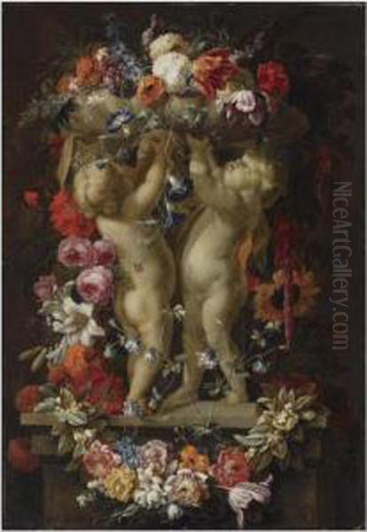 A Still Life With A Garland Of 
Flowers Surrounding A Vase Withtwo Sculpted Putti, On A Stone Ledge - view 1