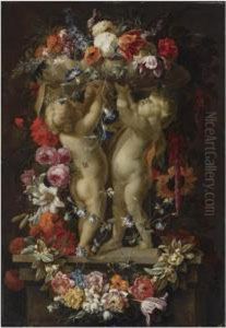 A Still Life With A Garland Of 
Flowers Surrounding A Vase Withtwo Sculpted Putti, On A Stone Ledge by Gaspar-pieter The Younger Verbruggen