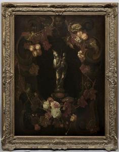 Groses Stillleben Mitmadonnenfigur In Einem Blumen- Und Fruchtekranz - view 1