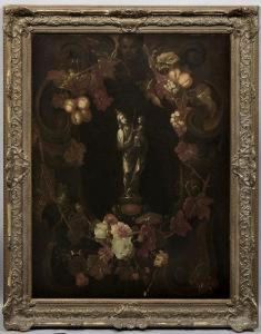 Groses Stillleben Mitmadonnenfigur In Einem Blumen- Und Fruchtekranz