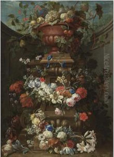 Still Life With Fruit In A 
Bronze Urn Atop A Stone Plinth Decoratedwith Garlands Of Flowers - view 1