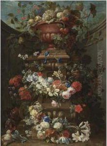 Still Life With Fruit In A
Bronze Urn Atop A Stone Plinth Decoratedwith Garlands Of Flowers by Gaspar-pieter The Younger Verbruggen
