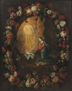 The Virgin And Child In A Stone Cartouche Surrounded By A Garlandof Mixed Flowers