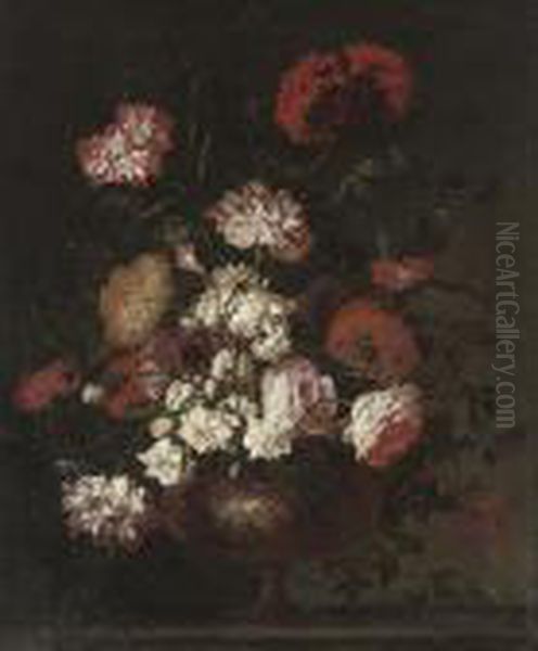 Roses, Carnations, Narcissi And Other Flowers In A Sculpted Urn On A Ledge - view 1
