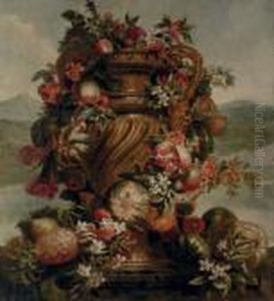 Pomegranates, A Pineapple,
Melons, Tomatoes, Gourds, And Flowers, In An Urn On A Plinth, A River
Landscape Beyond - view 1
