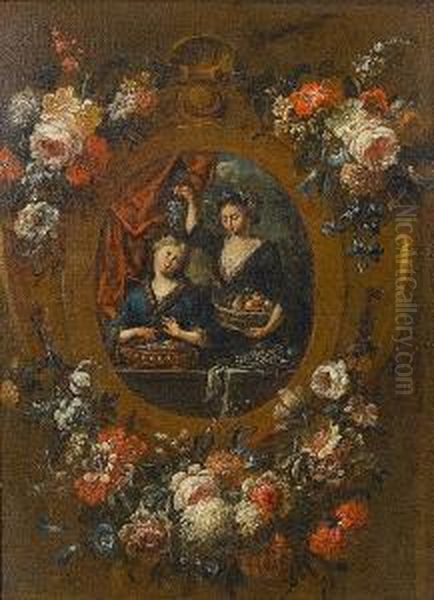 A Young Woman With A Vase Of
Flowers, Another Holding A Bail Of Hay, In A Stone Cartouche Surrounded
By A Garland Of Flowers; And A Young Woman Warming Her Hands, Another
Holding A Basket Of Fruit In A Stone Cartouche Surrounded By A Garland
Of Fl - view 1