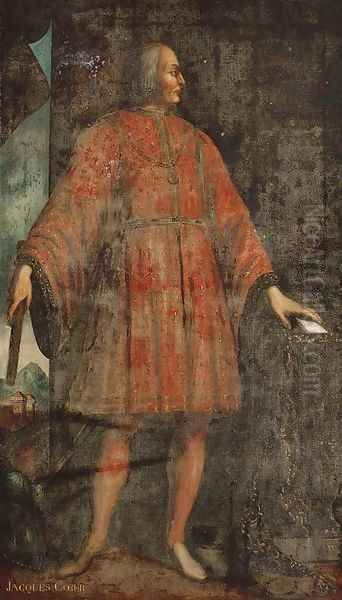 Portrait of Jacques Coeur (Bourges c. 1395-1461 Chios), standing full-length in an interior, wearing a red fleur-de-lys embroidered costume - view 1