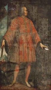 Portrait of Jacques Coeur (Bourges c. 1395-1461 Chios), standing full-length in an interior, wearing a red fleur-de-lys embroidered costume
