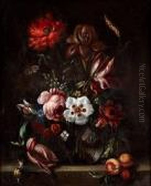 Mixed Flowers In A Glass Vase With Butterfly, Snail And Fruits On A Ledge - view 1