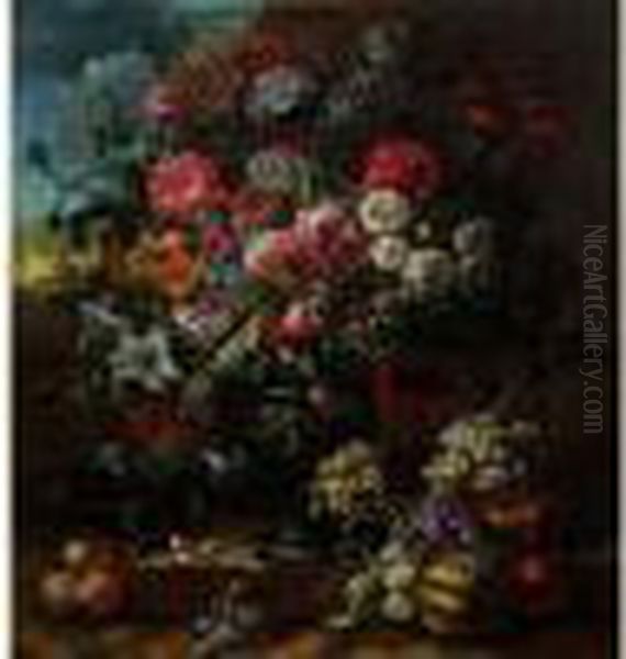 Vase De Fleurs Et Fruits Disposes Sur Une Margelle - view 1