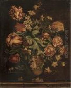 Parrot Tulips, Roses, Narcissi And Other Flowers In Sculptedurn by Gaspar-pieter The Younger Verbruggen