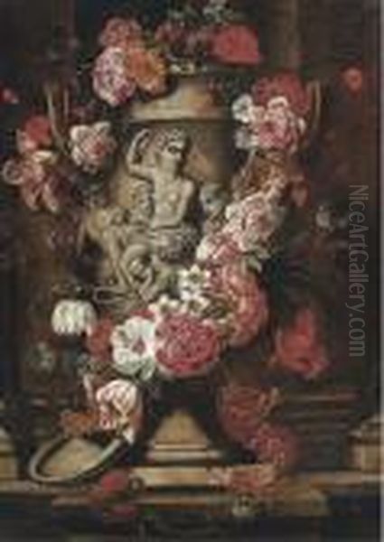 Roses, Parrot Tulips, Morning
Glory, Carnations And Other Flowersin A Sculpted Stone Vase On A Ledge - view 1
