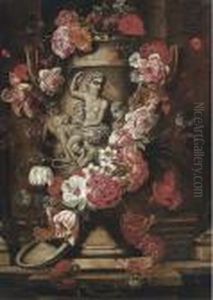 Roses, Parrot Tulips, Morning 
Glory, Carnations And Other Flowersin A Sculpted Stone Vase On A Ledge