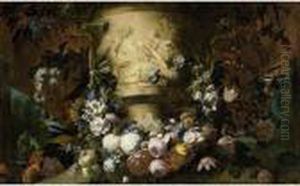 A Garland Of Roses, Tulips, 
Daffodils, Forget-me-nots, Chrysanths, Carnations, Snowballs, Lilies, 
Small Morning Glory, Opium Poppies, Elder And Other Flowers Surrounding A
 Sculpted Marble Vase Showing A Bacchanalian Scene With A Satyr, A View 
Of A by Gaspar-pieter The Younger Verbruggen