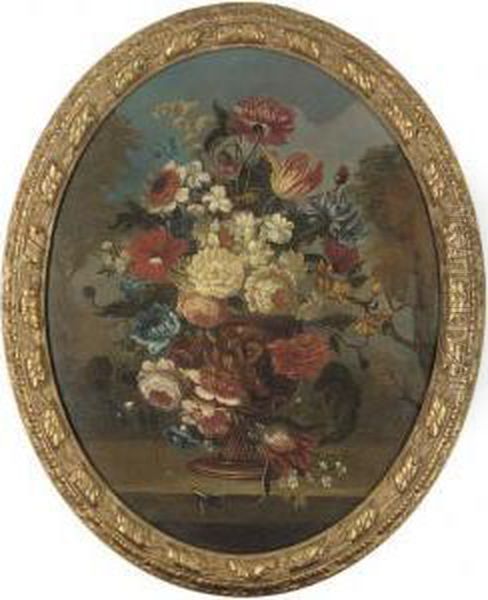 Ro Ses, Parrot Tulips,
Chrysanthemums And Other Flowers In Asculpted Urn On A Ledge; And Parrot
Tulips, Roses, Poppies,hydrangeas And Other Flowers In A Sculpted Urn
On A Ledge - view 1