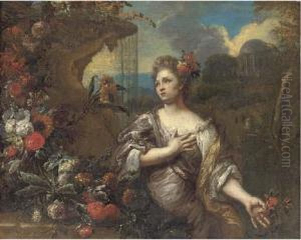 A Portrait Of A Lady,
Three-quarter-length, With A Flower In Herleft Hand, A Garland Of
Flowers To Her Right And A Classicallandscape Beyond - view 1