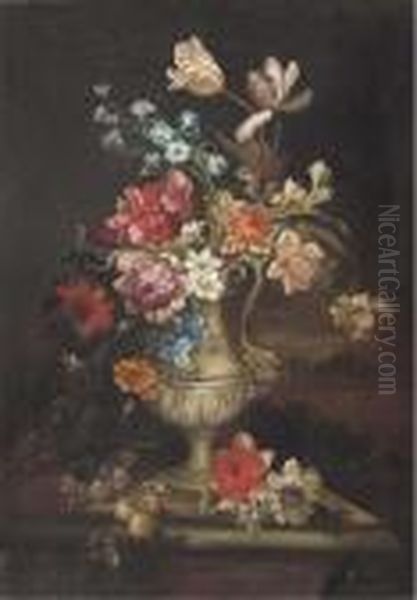 Tulips, Carnations And Other
Flowers In A Vase With A Butterfly Anda Dragonfly On A Ledge - view 1