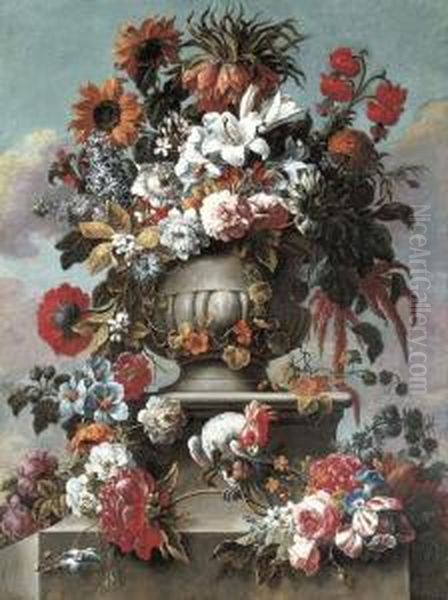 Lillies, Peonies, Sunflowers, 
Foxglove And Other Flowers In An Urnwith A Cockatoo On A Stone Ledge - view 1