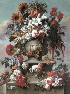 Lillies, Peonies, Sunflowers,
Foxglove And Other Flowers In An Urnwith A Cockatoo On A Stone Ledge by Gaspar-pieter The Younger Verbruggen