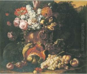 A Still Life Of Flowers In A
Bronze Vase, With A Melon, Grapes,peaches And Other Fruit On A Forest
Floor by Gaspar-pieter The Younger Verbruggen