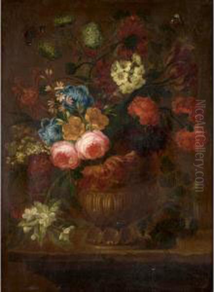 A Still Life Of Various Flowers In A Stone Vase Resting On A Ledge - view 1